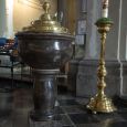 Baptismal font and Paschal candle